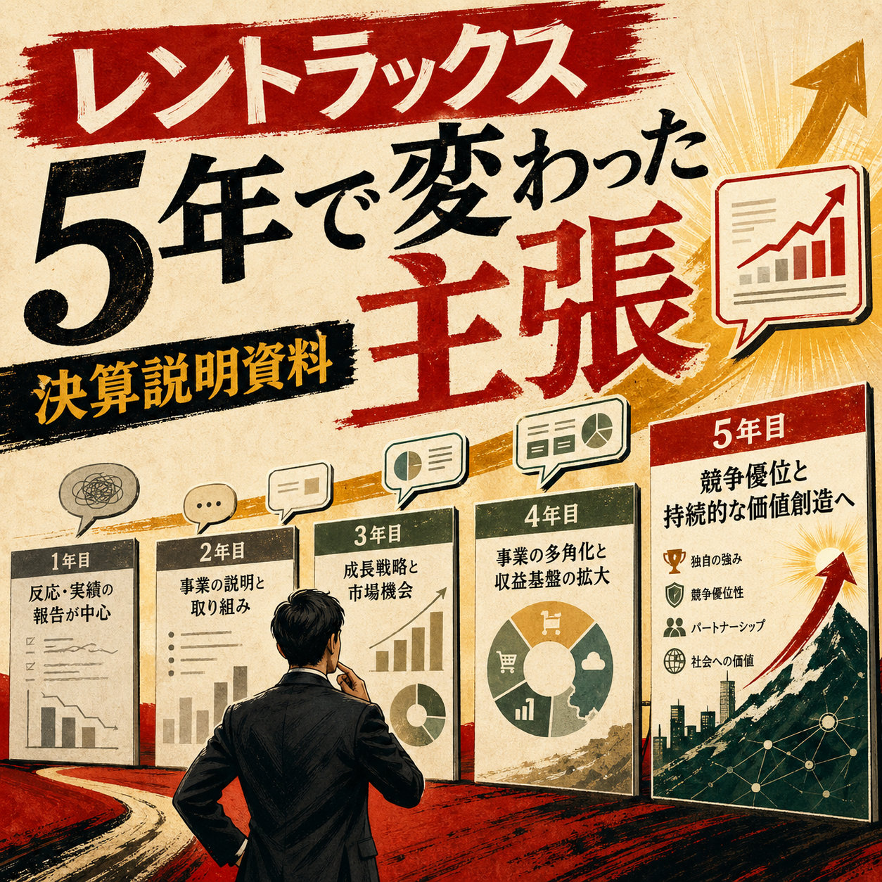 レントラックスの決算説明資料5年分から会社の主張の変遷を読み解くイラストサムネイル
