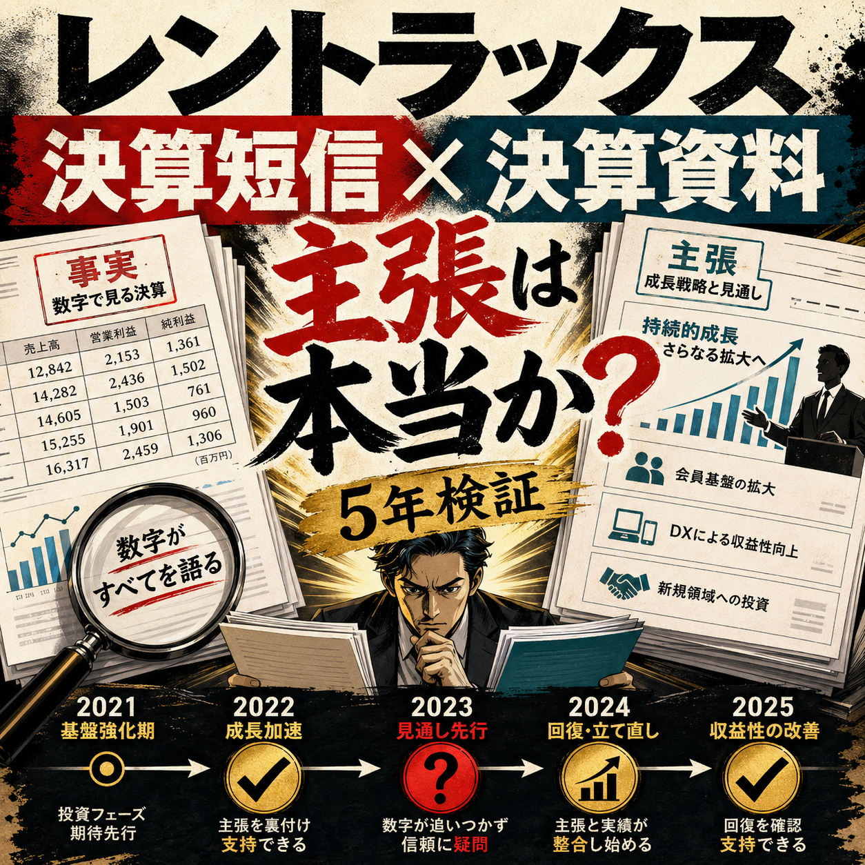 レントラックスの決算短信と決算説明資料を5年分照合し主張の信頼性を検証するイラストサムネイル