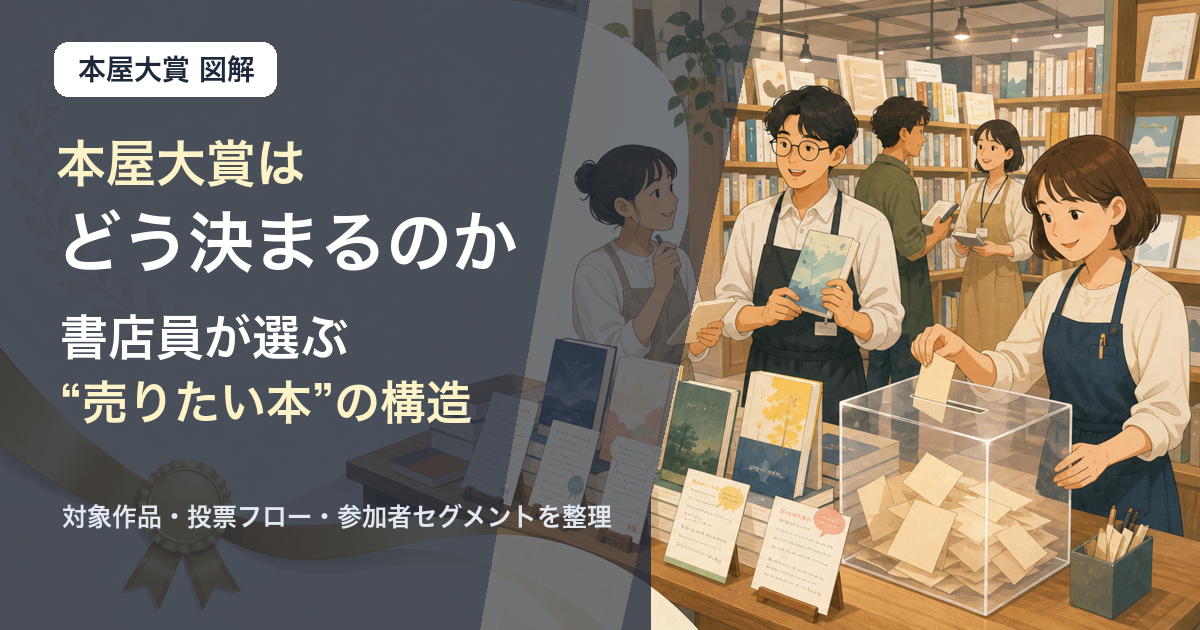 本屋大賞の選考構造を表す書店員と本棚のイラストサムネイル