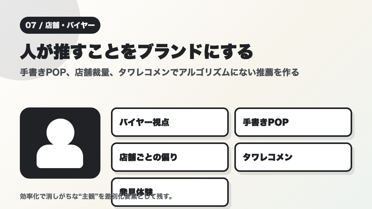 バイヤー視点、手書きPOP、店舗ごとの偏り、タワレコメン、発見体験を示す推薦の図